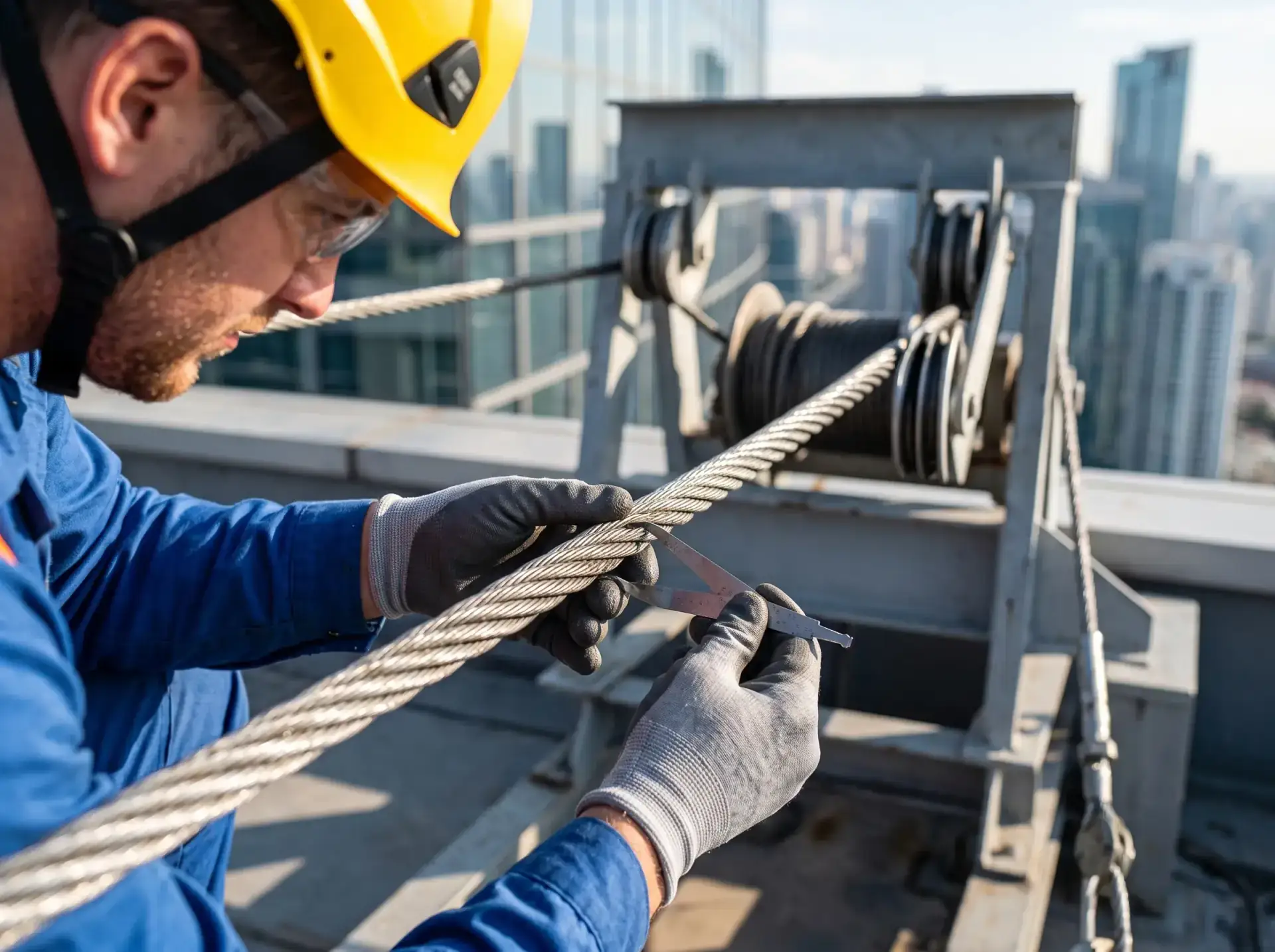 Teknisi sedang melakukan inspeksi wire rope gondola gedung