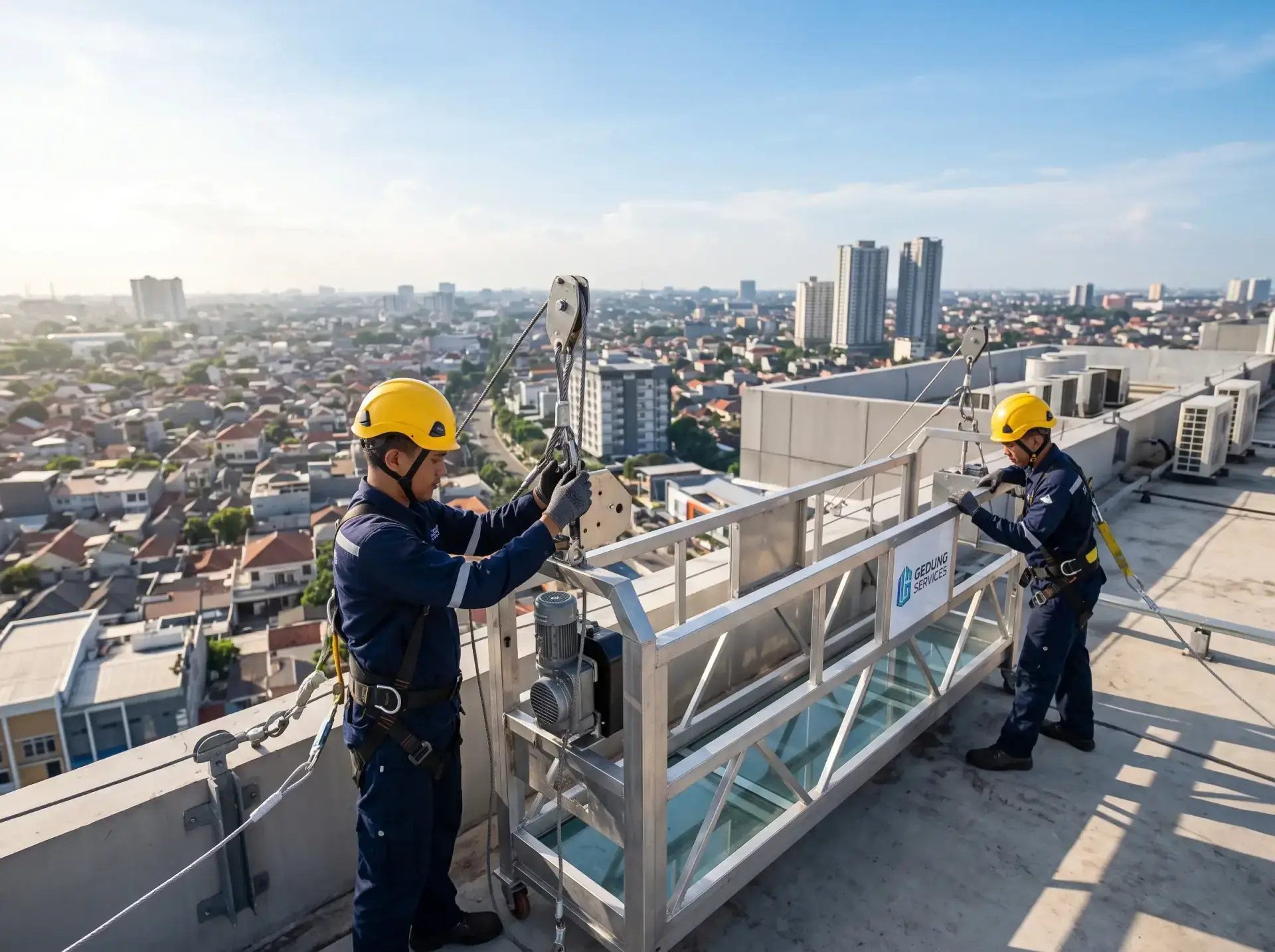 Tim teknisi PT Gondola Firdaus di rooftop gedung